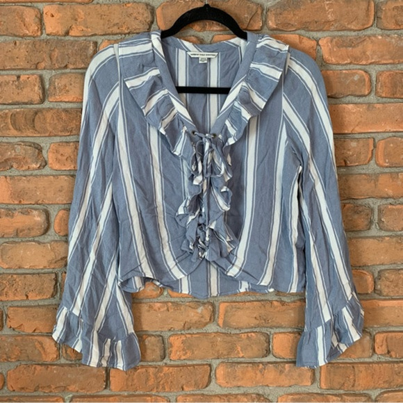 American Eagle Striped Lace-up Ruffle Bell Sleeve Cropped Blouse Blue - Size‎ S - Picture 1 of 3